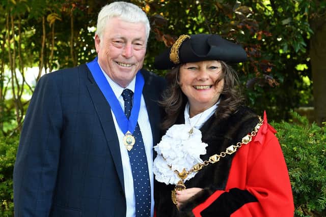 Newly elected Mayor of Gosport Cllr. Kathleen Jones with (left) her husband and now her Consort  Kevin Jones. Picture: Malcolm Wells (190515-9378)
