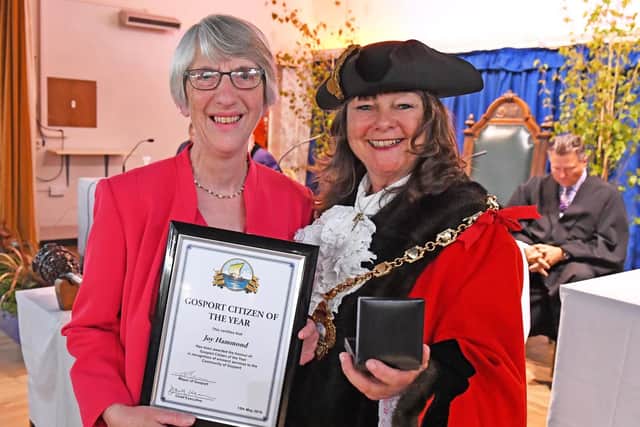 Recipient of the Gosport Citizen of The Year award ,Joy Hammond, with the newly elected Mayor of Gosport, Cllr Kathleen Jones. Picture: Malcolm Wells (190515-9308)