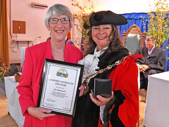Recipient of the Gosport Citizen of The Year award ,Joy Hammond, with the newly elected Mayor of Gosport, Cllr Kathleen Jones. Picture: Malcolm Wells (190515-9308)