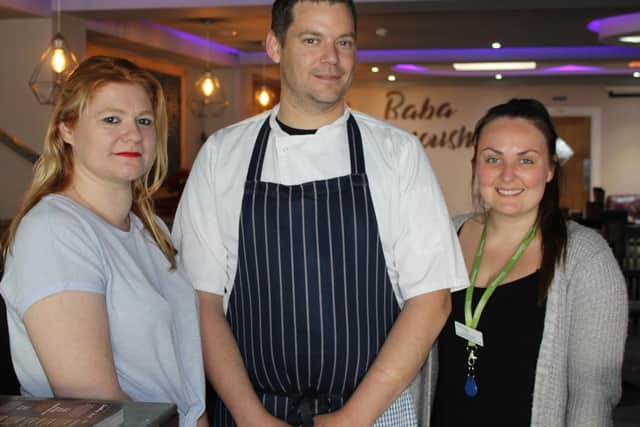 From left, Joanne Upton and David Beedle, with Gemma Carden from Rowans Hospice. Picture: Supplied