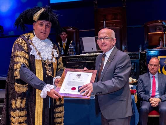 Newly-elected Lord Mayor Cllr David Fuller presents a Civic Award to Brian Futcher. Picture: Vernon Nash (Vernon Nash_Mayor Making Ceremony 2019-584)
