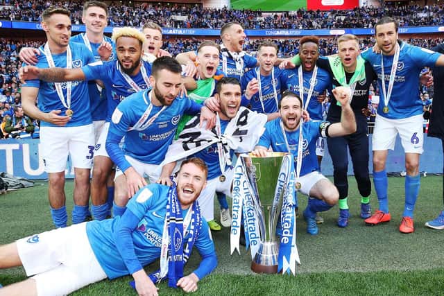Pompey celebrate their Checkatrade Trophy triumph at Wembley. Picture: Joe Pepler