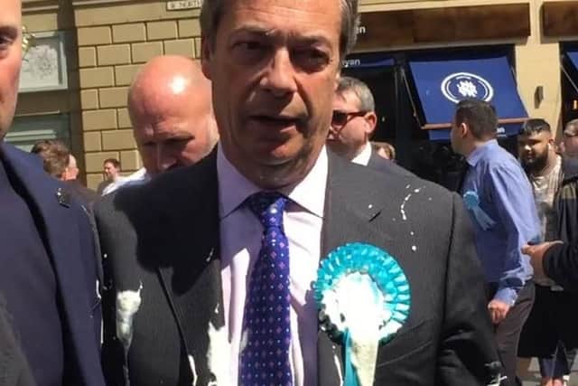 Nigel Farage after he was doused in milkshake during a campaign walkabout in Newcastle. Picture: Tom Wilkinson/PA Wire