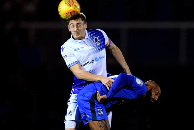 BRISTOL, ENGLAND - NOVEMBER 27:Tom Lockyer of Bristol Rovers beats Josh Parker of Gillingham to the ball during the Sky Bet League One match between Bristol Rovers and Gillingham at the Memorial Stadium on November 27, 2018 in Bristol, United Kingdom. (Photo by Alex Davidson/Getty Images)