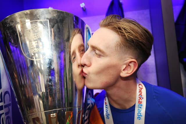 Checkatrade Trophy FINAL -  Sunderland v Portsmouth - 31/03/19Dressing room after the match - Portsmouths Ronan Curtis  celebrates with the Trophy