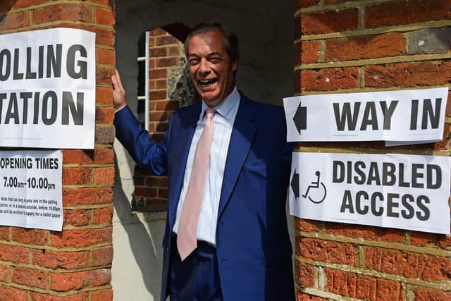 Brexit Party leader Nigel Farage arrives to cast his vote for the European Parliament elections at a polling station at the Cudham Church of England Primary School in Biggin Hill, Kent. Picture: Kirsty O'Connor/PA Wire