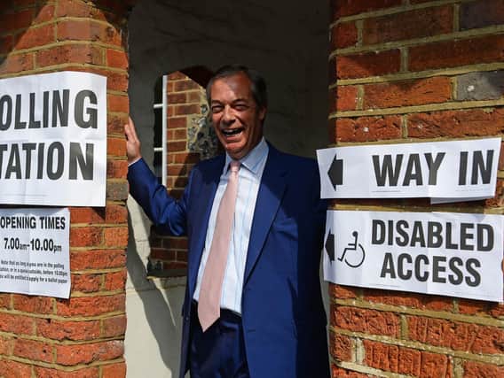 Brexit Party leader Nigel Farage arrives to cast his vote for the European Parliament elections at a polling station at the Cudham Church of England Primary School in Biggin Hill, Kent. Picture: Kirsty O'Connor/PA Wire