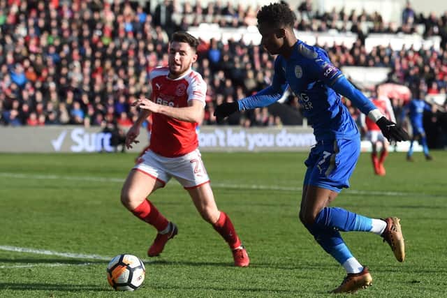 Fleetwood's Lewie Coyle battles Leicester's Demarai Gray for the ball during the FA Cup tie. Picture: Paul Ellis/AFP/Getty Images)