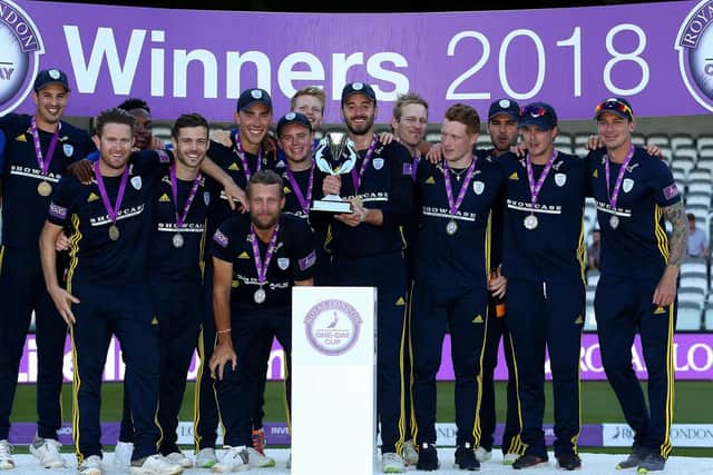 Hampshire's James Vince celebrates with the trophy with teammates after the winning the final against Kent during the Royal London One Day Cup Final at Lord's in 2018