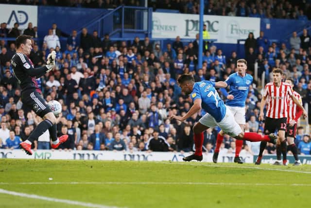 Sunderland keeper Jon McLaughlin saves a header from Gareth Evans at Fratton Park. Picture: Joe Pepler