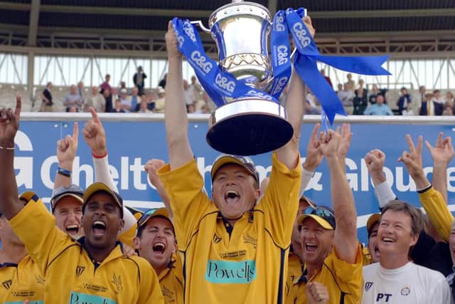 Hampshire's captain Shaun Udal lifts the trophy after defeating Warwickshire in the C&G Trophy Final at Lord's in 2005.