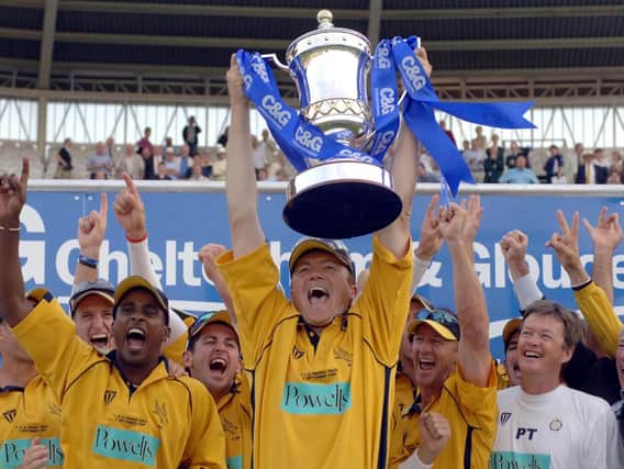 Hampshire's captain Shaun Udal lifts the trophy after defeating Warwickshire in the C&G Trophy Final at Lord's in 2005.