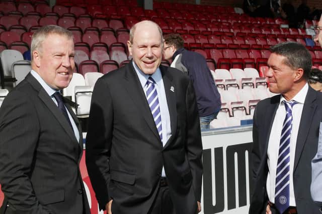 From left to right: Pompey boss Kenny Jackett, chairman Michael Eisner and CEO Mark Catlin. Picture: Joe Pepler