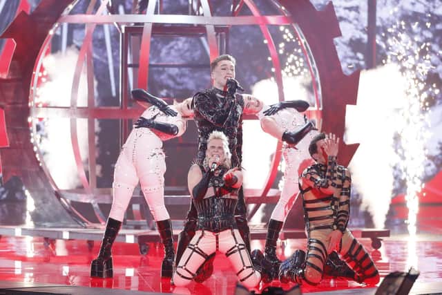 Hatari representing Iceland, performs live on stage during the 64th annual Eurovision Song Contest held at Tel Aviv Fairgrounds on May 18, 2019 in Tel Aviv, Israel. (Photo by Michael Campanella/Getty Images)