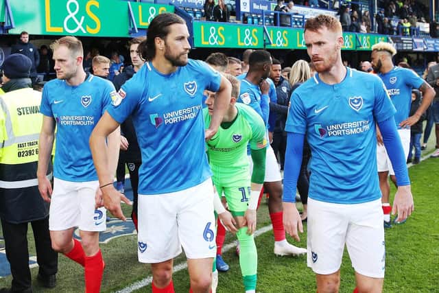 The Pompey players prepare for their lap of appreciation around Fratton Park on the final day of the 2018-19 season Picture: Joe Pepler