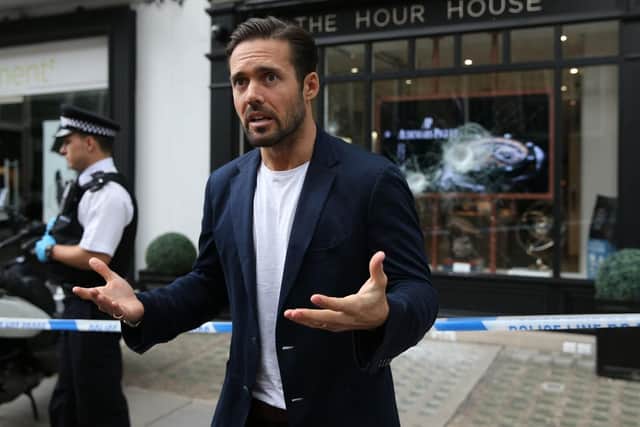 Spencer Matthews outside The Hour House on Duke Street, Westminster, where moped-riding armed robbers targeted the luxury watch shop, making off with items stolen from the smashed shop window. Picture: Isabel Infantes/PA Wire