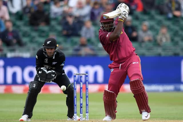 Andre Russell of West Indies hits out during the match against New Zealand at Bristol County Ground on Tuesday. Picture: Alex Davidson/Getty Images