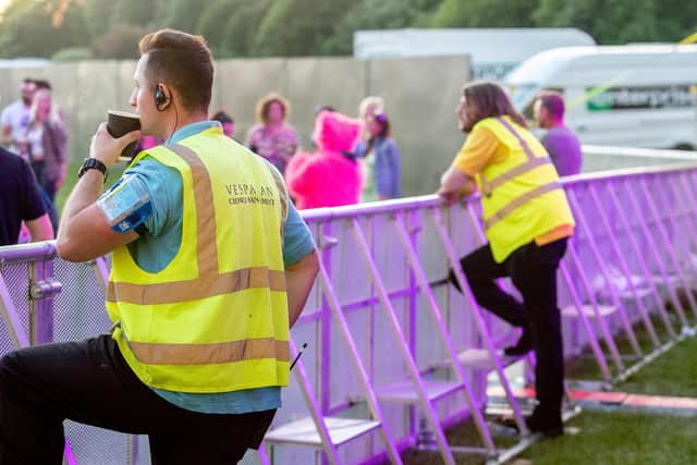 South Central Festival on Saturday held at King George V Playing Fields in Portsmouth. Pictured are members of the security team at The Fort stage which featured giant rubber ducks. Picture: Vernon Nash (250519-102)