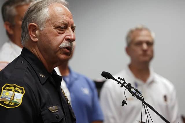 Virginia Beach Chief of Police James Cervera speaks during a press conference about a shooting that left eleven dead and six injured at the Virginia Beach Municipal Center on Friday, May 31, 2019 in Virginia Beach, Va. Picture (Kaitlin McKeown/The Virginian-Pilot via AP)