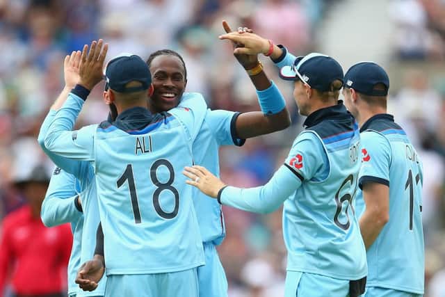Jofra Archer of England celebrates taking the wicket of Rassie van der Dussen of South Africa with his team mates during the Group Stage match of the ICC Cricket World Cup 2019 between England v South Africa at The Oval on May 30, 2019 in London, England. Picture: Steve Bardens/Getty Images