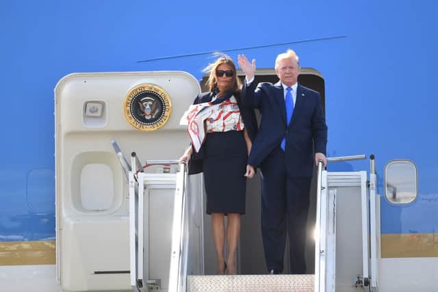 US President Donald Trump and his wife Melania arrive at Stansted Airport in Essex. Picture: Joe Giddens/PA Wire