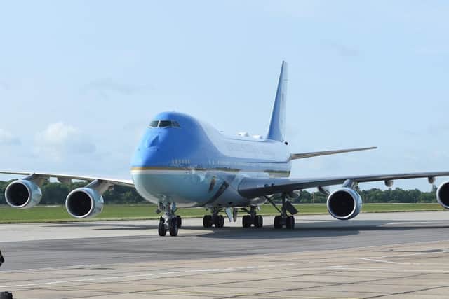Air Force One, carrying President Donald Trump and his wife Melania, arrives at Stansted Airport in Essex, for the start of the three day US state visit to the UK. Picture: Joe Giddens/PA Wire
