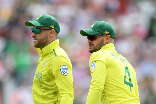 Skipper Faf du Plessis, left, with Aiden Markram during the group stage World Cup defeat to Bangladesh. Picture: Alex Davidson/Getty Images