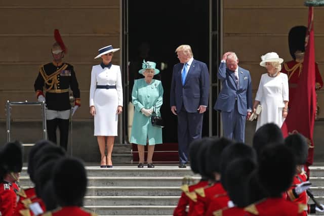 US President Donald Trump and his wife Melania are welcomed by Queen Elizabeth II, The Prince of Wales and The Duchess of Cornwall