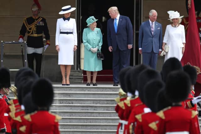 US President Donald Trump and his wife Melania are welcomed by Queen Elizabeth II, The Prince of Wales and The Duchess of Cornwall