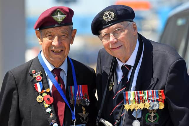 Veterans together with their 'D-Day 75' Companions left Portsmouth International Port to sail on the Brittany Ferries, Mont St Michel to take parts in the events in Normandy, France over the coming days.  (left to right) Albert Lamond (94) with Edwin Leadbetter (94). Picture: Malcolm Wells