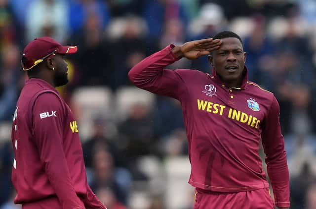 Sheldon Cottrell of West Indies celebrates the wicket of Aiden Markram at the Ageas Bowl before the rain stopped play. Picture: Alex Davidson/Getty Images