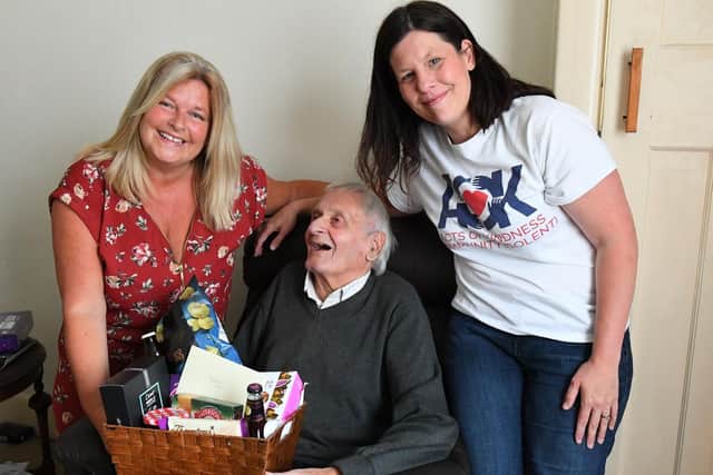 (left) Lorna Tumes who started a 'Just Giving' crowd-funding page with (right) Kerry Snuggs from Acts of Kindness with RAF Veteran Brian Colley.