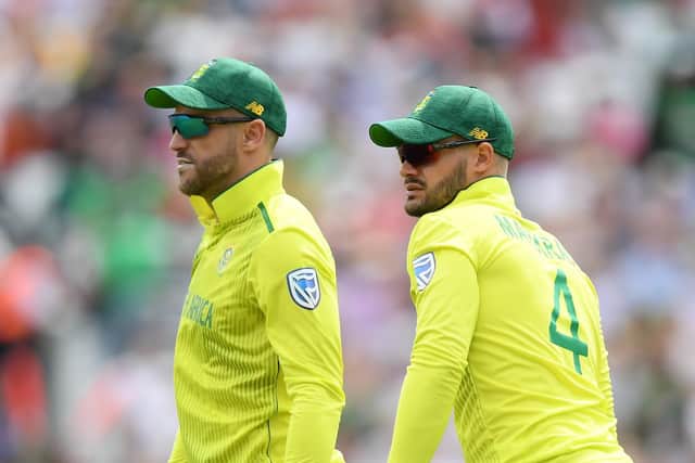 Faf du Plessis, left, and Aiden Markram. South Africa know they need to start performing and will also need an improvement in the weather after Monday's Ageas Bowl washout. Picture: Alex Davidson/Getty Images