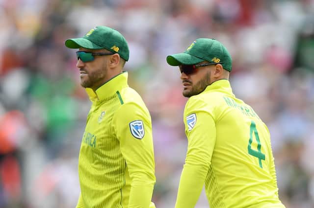 Faf du Plessis, left, and Aiden Markram. South Africa know they need to start performing and will also need an improvement in the weather after Monday's Ageas Bowl washout. Picture: Alex Davidson/Getty Images