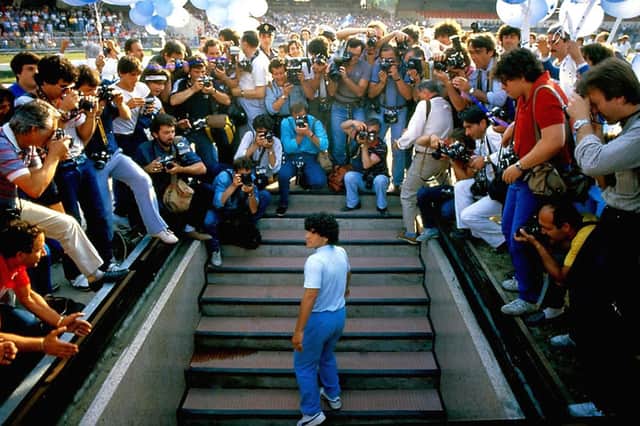 Diego Maradona on his presentation day in Naples. Picture: PA.