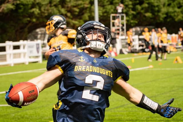 Kyle Phillips runs in for a touchdown for Portsmouth Dreadnoughts against Hertfordshire Cheetahs. Picture: Keith Woodland (090619-430)