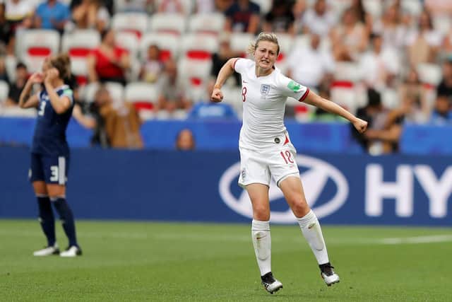 Ellen White of England celebrates after scoring her team's second goal during the 2019 FIFA Women's World Cup France group D match between England and Scotland at Stade de Nice on June 09, 2019 in Nice, France. Picture: Richard Heathcote/Getty Images
