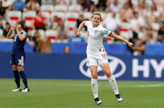 Ellen White of England celebrates after scoring her team's second goal during the 2019 FIFA Women's World Cup France group D match between England and Scotland at Stade de Nice on June 09, 2019 in Nice, France. Picture: Richard Heathcote/Getty Images