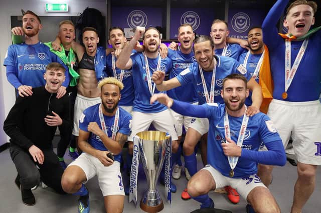 The Pompey players celebrate their Checkatrade Trophy final victory over Sunderland Picture: Joe Pepler