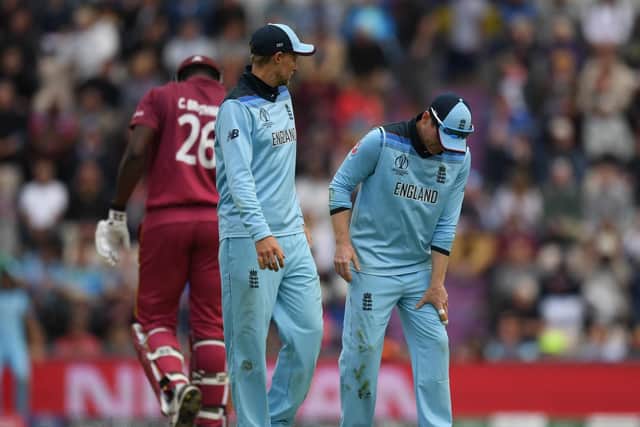 England captain Eoin Morgan suffers an injury during the Group Stage match of the ICC Cricket World Cup 2019 between England and West Indies at The Ageas Bowl on June 14, 2019. Picture: Mike Hewitt/Getty Images