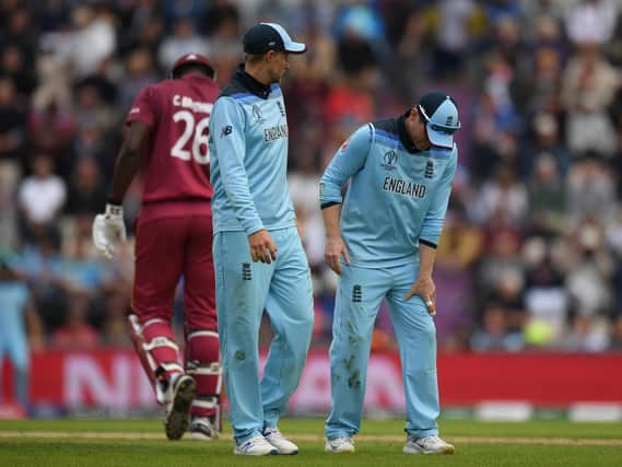 England captain Eoin Morgan suffers an injury during the Group Stage match of the ICC Cricket World Cup 2019 between England and West Indies at The Ageas Bowl on June 14, 2019. Picture: Mike Hewitt/Getty Images