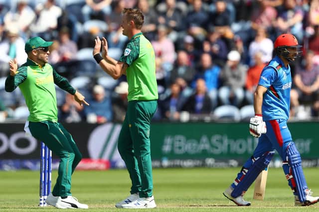 Chris Morris of South Africa celebrates with Faf Du Plessis after trapping Rahmat Shah of Afghanistan in Cardiff. Picture: Michael Steele/Getty Images