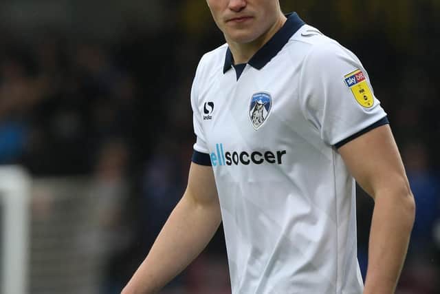 NORTHAMPTON, ENGLAND - OCTOBER 27: Samuel George Edmundson of Oldham Athletic in action during the Sky Bet League Two match between Northampton Town and Oldham Athletic at the PTS Academy Stadium on October 27, 2018 in Northampton, United Kingdom. (Photo by Pete Norton/Getty Images)