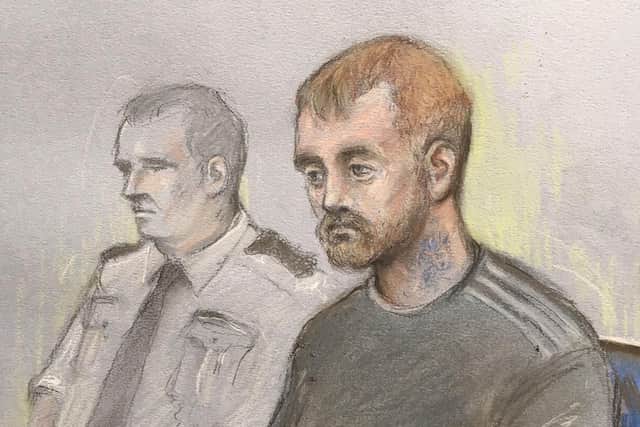 Court artist sketch by Elizabeth Cook of Stephen Nicholson, 25, (right) who is accused of repeatedly stabbing 13-year-old Lucy McHugh. Picture: Elizabeth Cook/PA Wire
