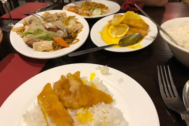 Lemon chicken and Chef's Special Noodles at Aroma Oriental Restaurant.