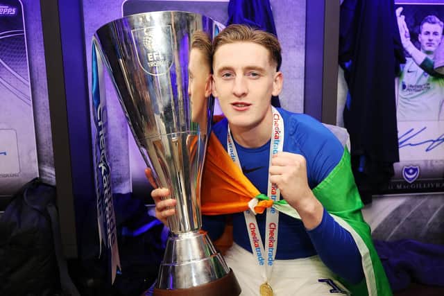 Ronan Curtis celebrates Pompey's Checkatrade Trophy success against Sunderland Picture: Joe Pepler