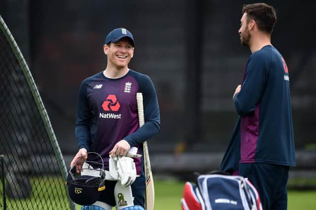 England captain Eoin Morgan shares a joke with Hampshire's James Vince during a net session at Lord's. Picture: Gareth Copley/Getty Images