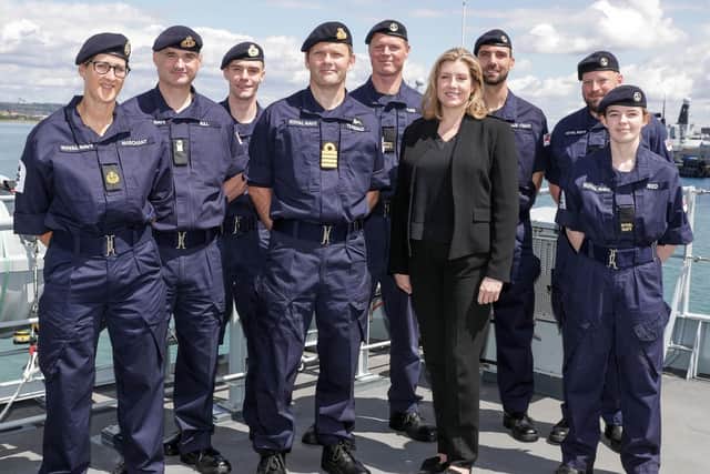 Defence secretary Penny Mordaunt pictured alongside Royal Navy reservists on HMS Medway in Portsmouth ahead of Reserves Day. Photo: MoD.