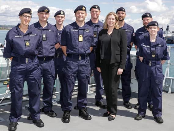 Defence secretary Penny Mordaunt pictured alongside Royal Navy reservists on HMS Medway in Portsmouth ahead of Reserves Day. Photo: MoD.