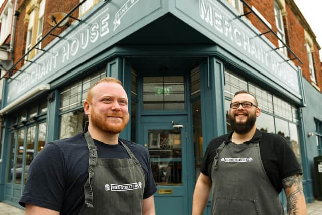 THE MERCHANT HOUSE NEED STREET FOOD                        JPNS                                        MRW                                 7/1/2019 

//NOTE: SEE COLLECTS FOR FOOD PICTURES // 

'Need Street Food' owner Pete Hunt (left) with colleague Stuart Armstrong (right) outside 'The Merchant House' on Highland Road, Southsea, Hampshire. Picture:  Malcolm Wells (190107-1705)